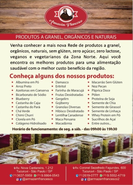 Loja de produto natural sem glúten em Tucuruvi (SP) Armazem Francesco Panfleto